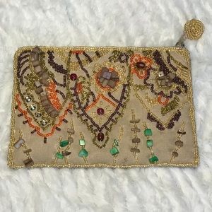 Indeed Beaded Clutch Bag Purse Tan Cream Brown Green